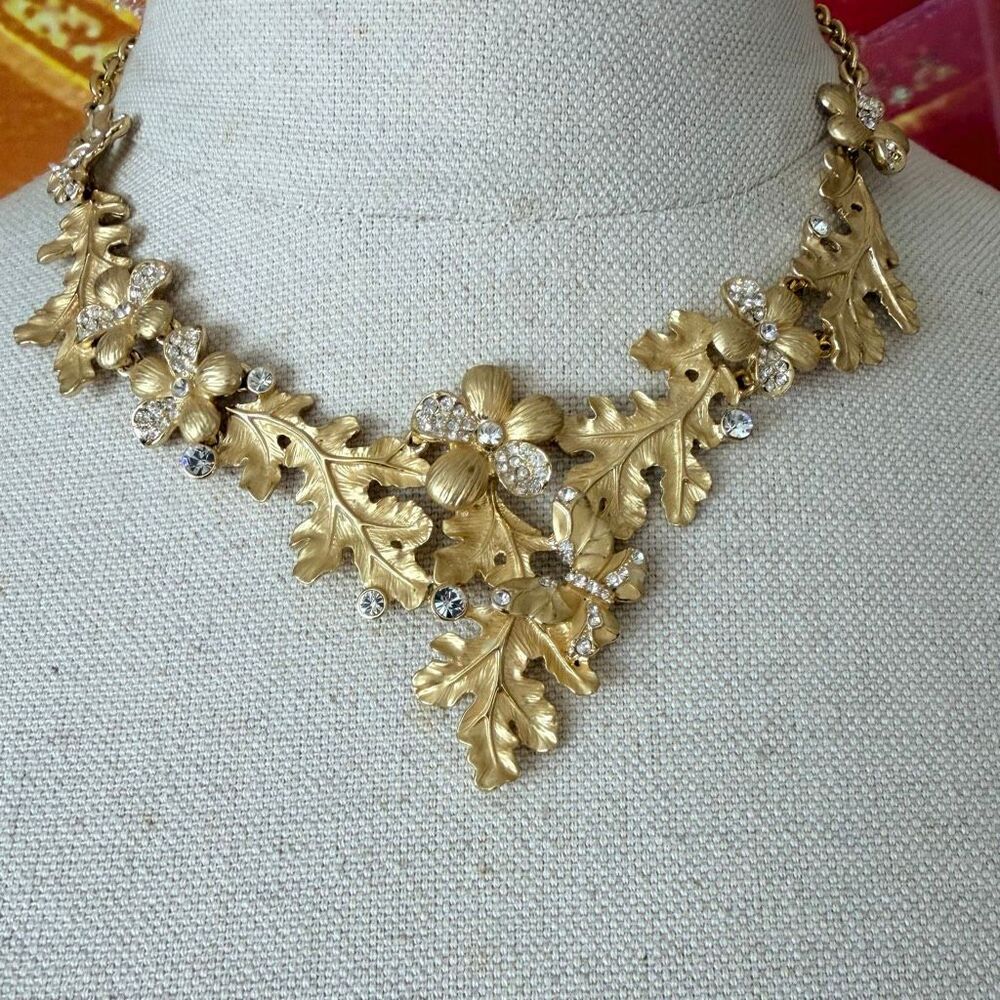 Gold Tone Floral Oak Leaf Statement Necklace